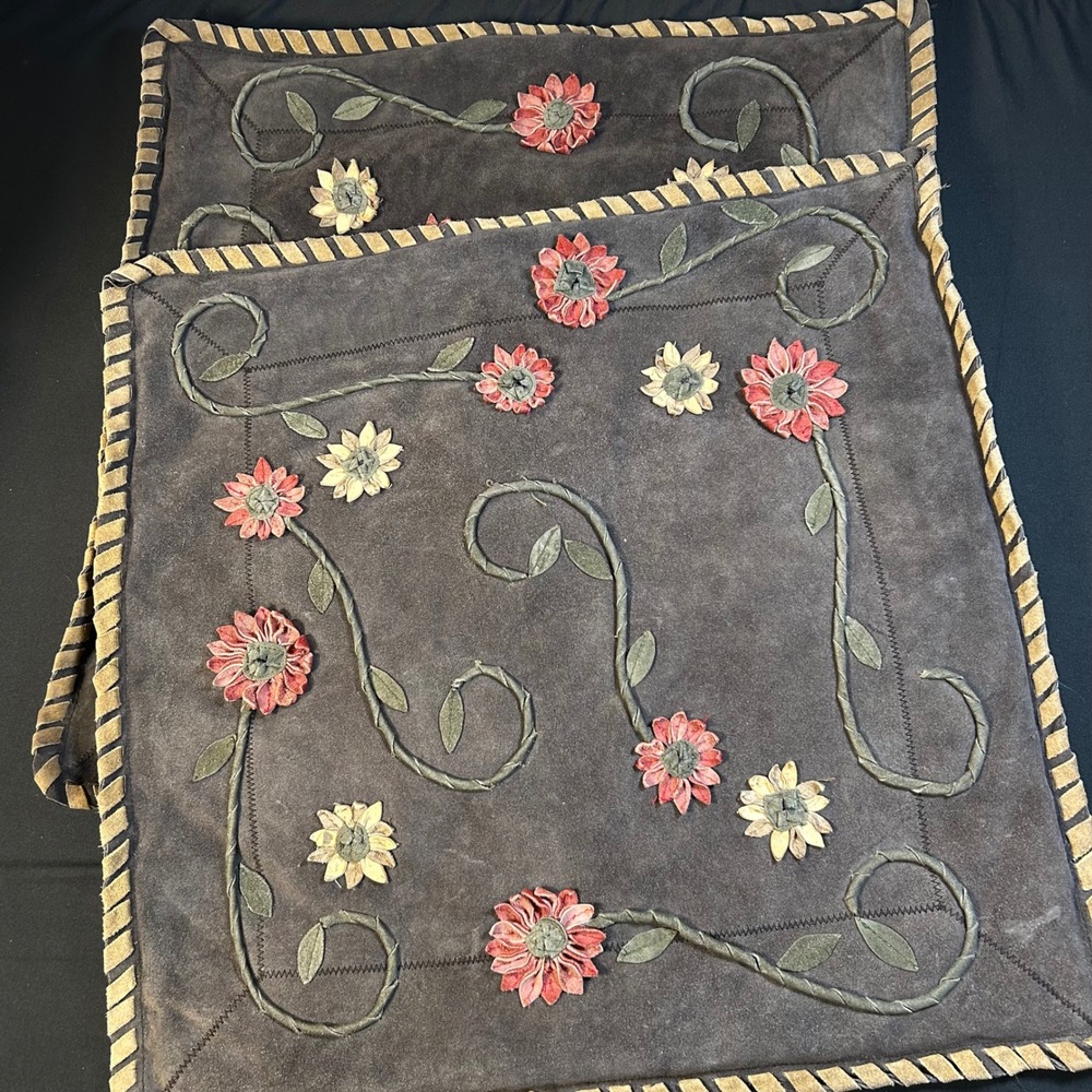 Double D Ranch Leather Floral Applique Whipstitch Pillow Shams Brown Set of 2